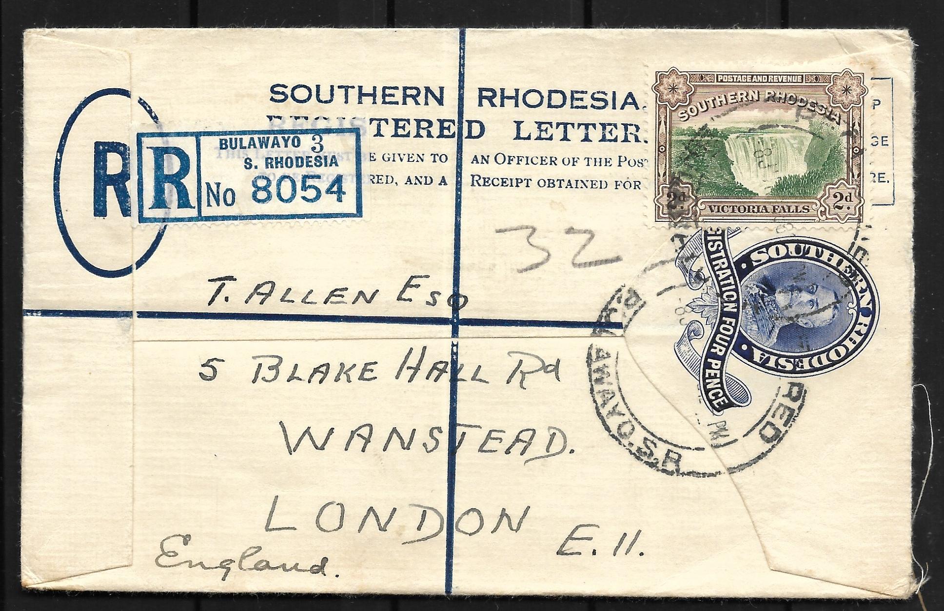 Southern Rhodesia 1936 GV Registered Cover To London H C Fare Stamp