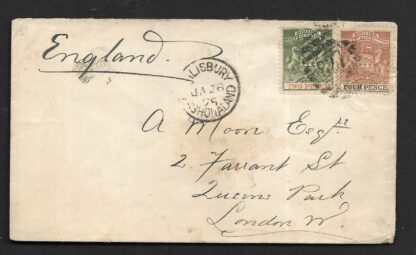 Rhodesia 1895 early cover from Salisbury to London with Barred oval 827 postmark