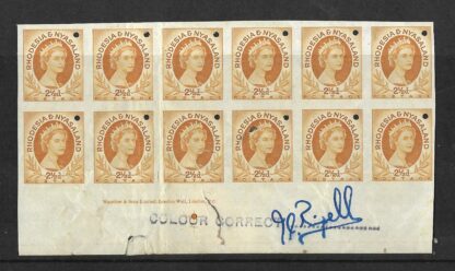 Rhodesia/Nyasaland QEII 1954 Two and a HalfPence Printers Proof block