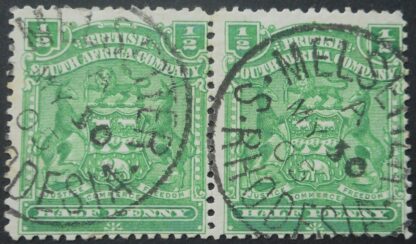 Rhodesia 1898 Halfpenny pair with Code A MELSETTER Day Month (SC) postmark