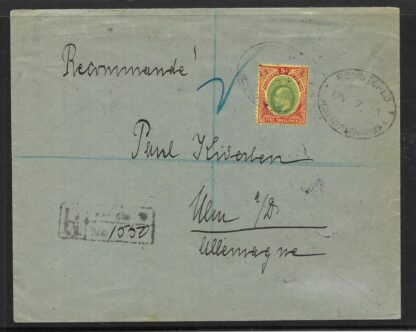 Southern Nigeria 1913 EVII cover from Laos to Germany tied with EVII 5/-  stamp