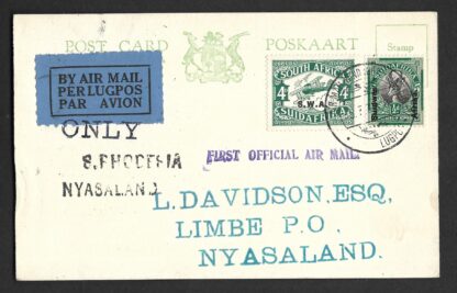 South West Africa 1934 First Airmail Service from SWA to Rhodesia and Nyasaland with cachets