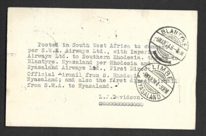 South West Africa 1934 First Airmail Service from SWA to Rhodesia and Nyasaland with cachets - Image 2