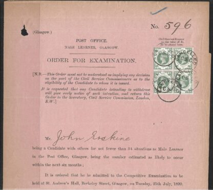 GB 1899 Post Office Order of Examination cancelled with Civil Service cancel - Image 2