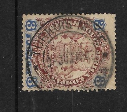 Rhodesia 1896 Large Arms Three Pence with Turkouis Mine (DC) postmark