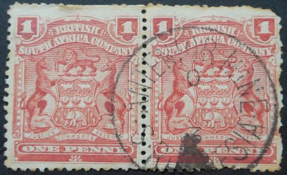 Rhodesia 1898 One Penny Small Arms pair with ANTENIOR MINE Code 0 3 for year (SC) postmark