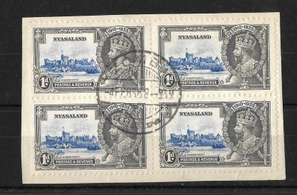 Nyasaland 1935 GV Silver Jubilee One Penny block SG 123 on piece used