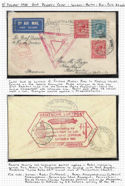 Falkland Islands 1933 Graf Zeppelin cover from London-Berlin-Rio-Port Stanley - Image 2