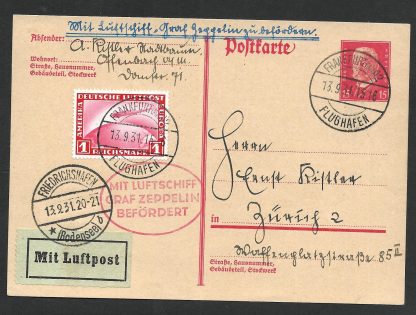 Germany 1931 Zeppelin card with cachets and One Mark Zeppelin stamp