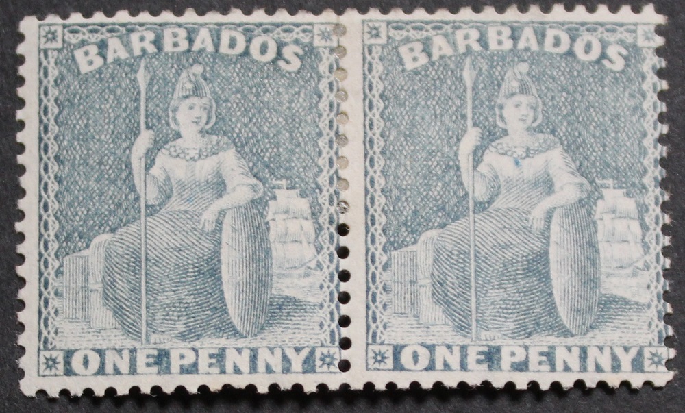 Barbados 1875 QV One Penny Grey Blue p14 pair SG 74 mint H C