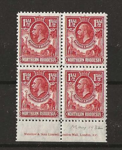 Northern Rhodesia 1925 GV One and a Halfpence Printers Imprint block SG 3 unmounted mint