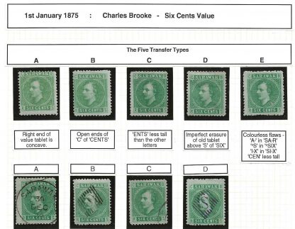 Sarawak 1875 Six Cents five mint and four used showing the five Transfer Types SG 5