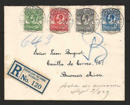 Falkland Islands 1929 GV Registered First day cover to Argentina